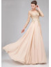 Champagne Sequin Chiffon Backless Long Sleeves Evening Dress